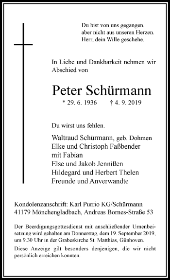 Traueranzeige von Peter Schürmann von trauer.extra-tipp-moenchengladbach.de