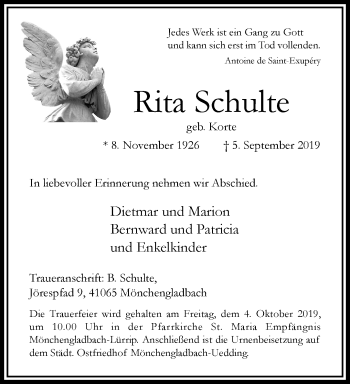 Traueranzeige von Rita Schulte von trauer.extra-tipp-moenchengladbach.de