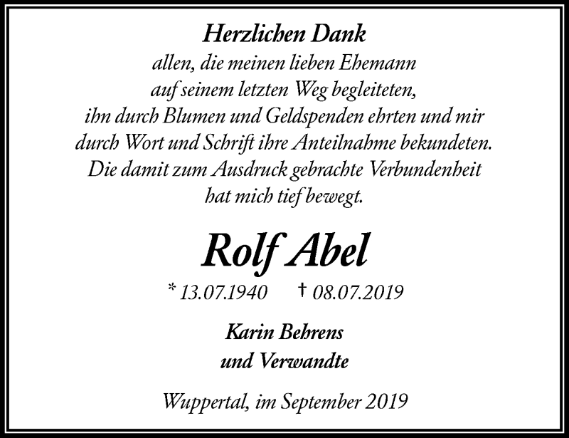  Traueranzeige für Rolf Abel vom 28.09.2019 aus trauer.wuppertaler-rundschau.de