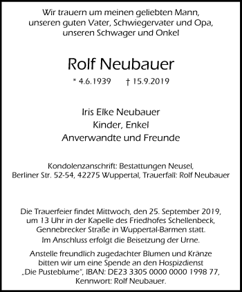 Traueranzeige von Rolf Neubauer von trauer.wuppertaler-rundschau.de