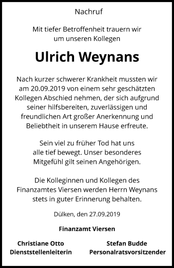 Traueranzeige von Ulrich Weynans von trauer.extra-tipp-moenchengladbach.de