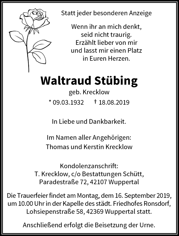  Traueranzeige für Waltraud Stübing vom 11.09.2019 aus trauer.wuppertaler-rundschau.de