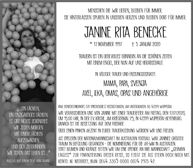  Traueranzeige für Janine Rita Benecke vom 15.01.2020 aus Wuppertaler Rundschau