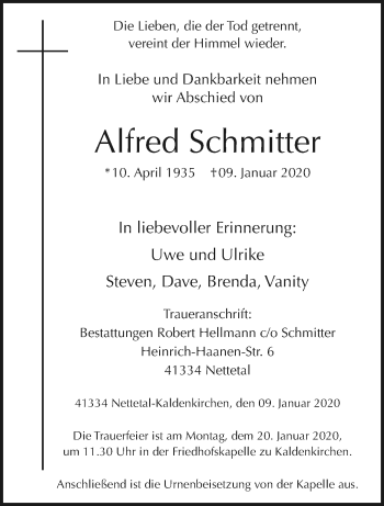 Traueranzeige von Alfred Schmitter von trauer.extra-tipp-moenchengladbach.de