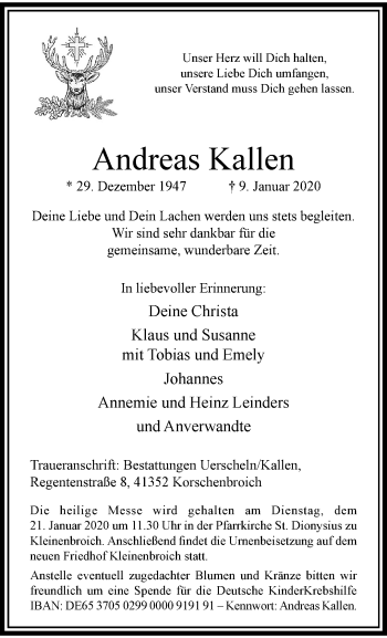 Traueranzeige von Andreas Kallen von trauer.extra-tipp-moenchengladbach.de