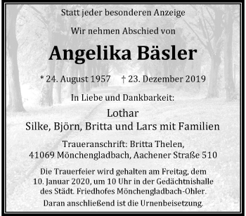 Traueranzeige von Angelika Bäsler von trauer.extra-tipp-moenchengladbach.de