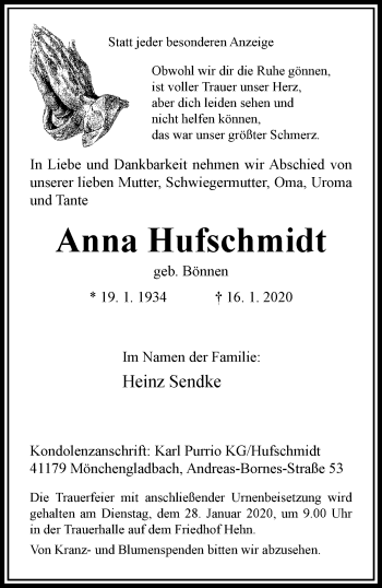 Traueranzeige von Anna Hufschmidt von trauer.extra-tipp-moenchengladbach.de