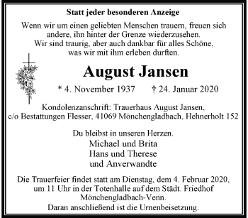 Traueranzeige von August Jansen von trauer.extra-tipp-moenchengladbach.de