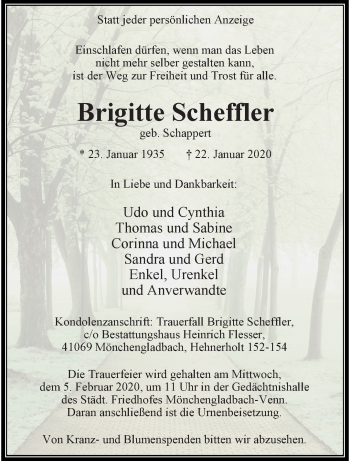 Traueranzeige von Brigitte Scheffler von trauer.extra-tipp-moenchengladbach.de