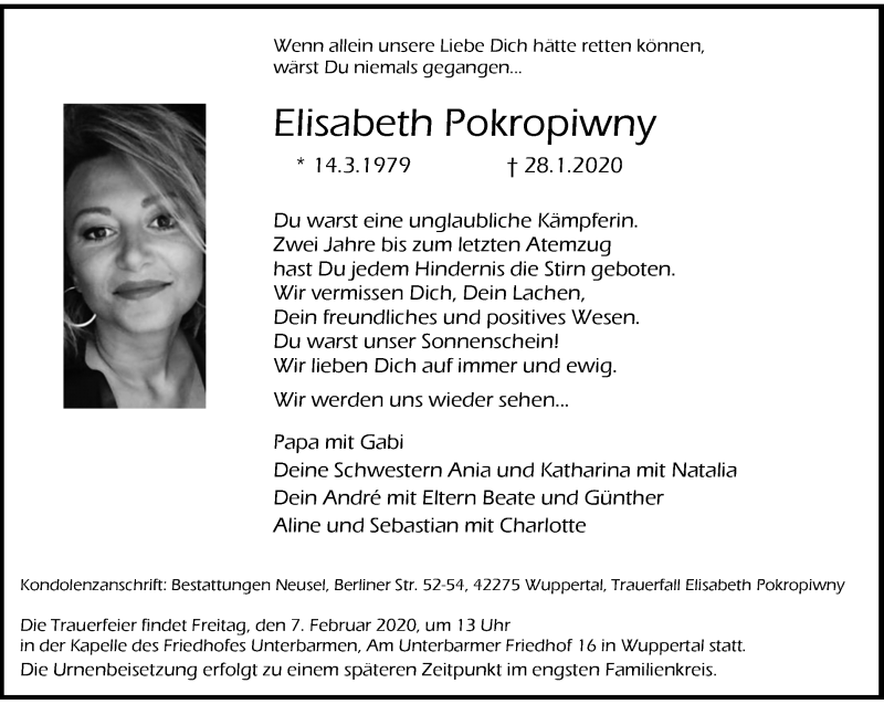  Traueranzeige für Elisabeth Pokropiwny vom 01.02.2020 aus trauer.wuppertaler-rundschau.de