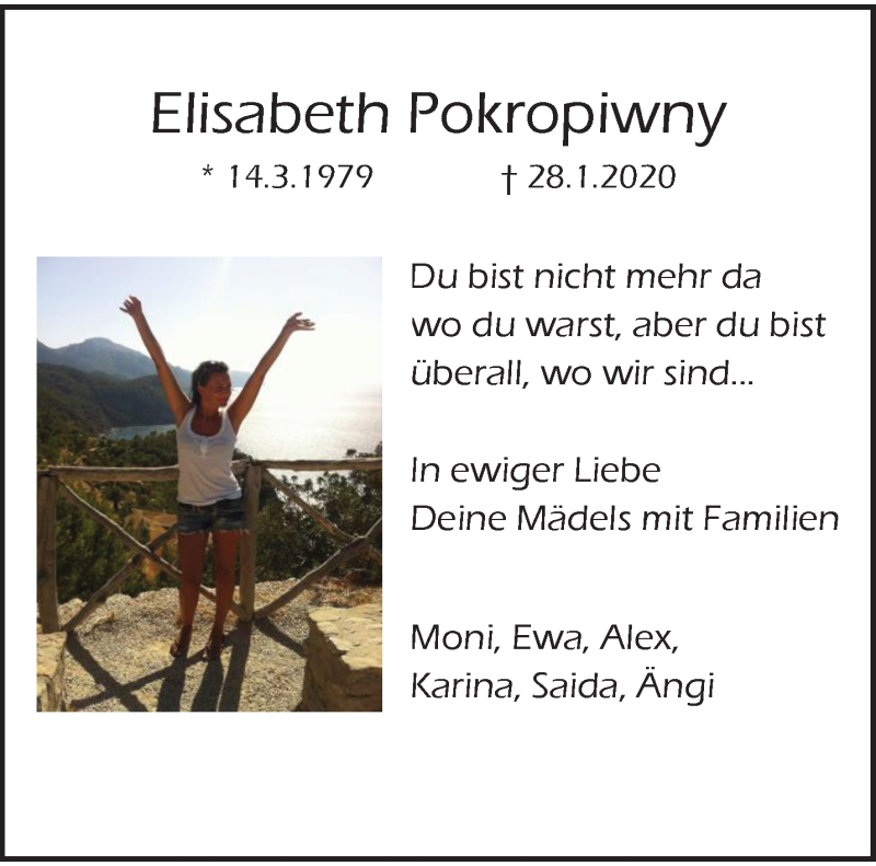  Traueranzeige für Elisabeth Pokropiwny vom 01.02.2020 aus trauer.wuppertaler-rundschau.de