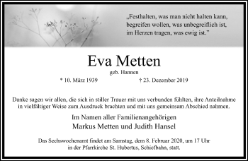 Traueranzeige von Eva Metten von trauer.extra-tipp-moenchengladbach.de