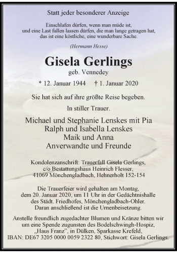 Traueranzeige von Gisela Gerlings von trauer.extra-tipp-moenchengladbach.de