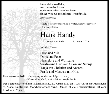 Traueranzeige von Hans Handy von trauer.extra-tipp-moenchengladbach.de