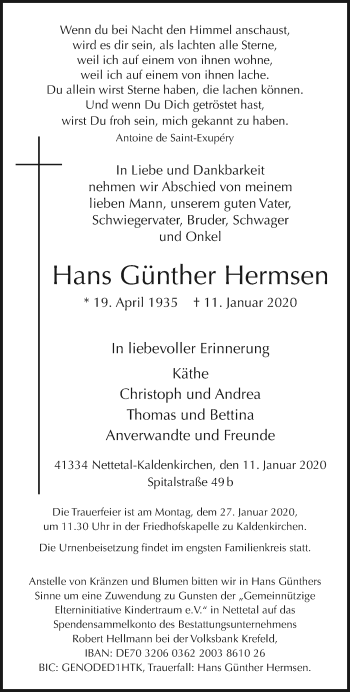 Traueranzeige von Hans Günther Hermsen von trauer.extra-tipp-moenchengladbach.de