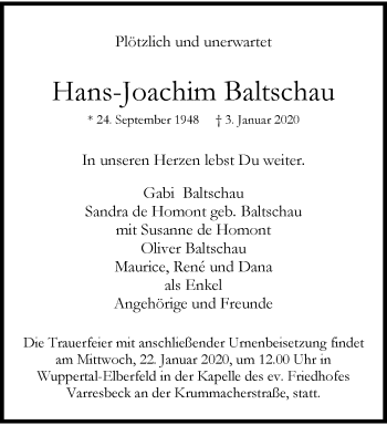 Traueranzeige von Hans Joachim Baltschau von trauer.wuppertaler-rundschau.de