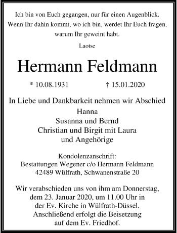 Traueranzeige von Hermann Feldmann von trauer.wuppertaler-rundschau.de