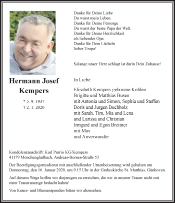 Traueranzeige von Hermann Josef Kempers von trauer.extra-tipp-moenchengladbach.de