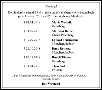 Traueranzeige von Im Gedenken Seniorenverband BRH Kreisverband Heinsberg-Mönchengladbach von trauer.extra-tipp-moenchengladbach.de