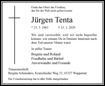 Traueranzeige von Jürgen Tenta von trauer.wuppertaler-rundschau.de