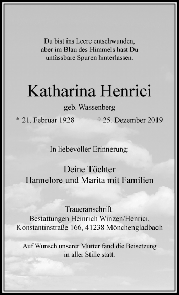 Traueranzeige von Katharina Henrici von trauer.extra-tipp-moenchengladbach.de