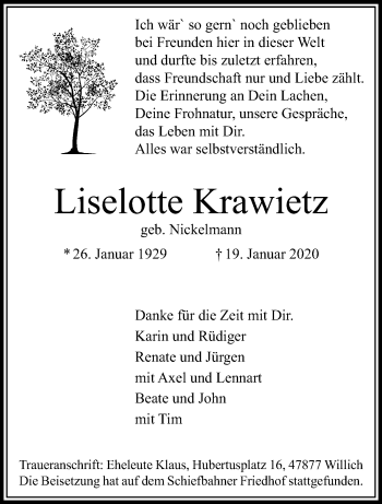 Traueranzeige von Liselotte Krawietz von trauer.extra-tipp-moenchengladbach.de