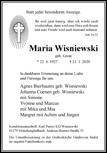 Traueranzeige von Maria Wisniewski von trauer.extra-tipp-moenchengladbach.de