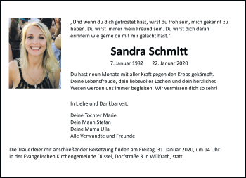 Traueranzeige von Sandra Schmitt von trauer.wuppertaler-rundschau.de