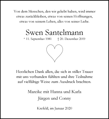 Traueranzeige von Swen Santelmann von trauer.mein.krefeld.de