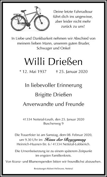 Traueranzeige von Willi Drießen von trauer.extra-tipp-moenchengladbach.de