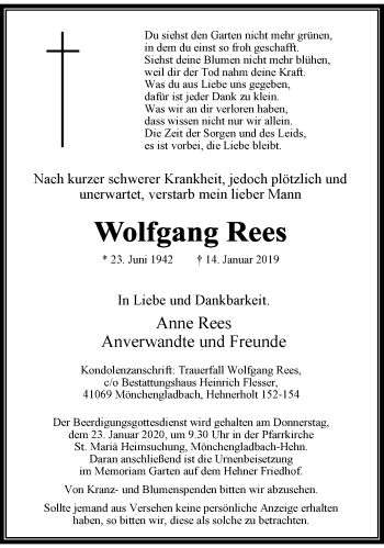 Traueranzeige von Wolfgang Rees von trauer.extra-tipp-moenchengladbach.de