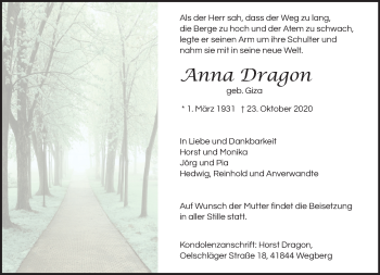 Traueranzeige von Anna Dragon von trauer.extra-tipp-moenchengladbach.de