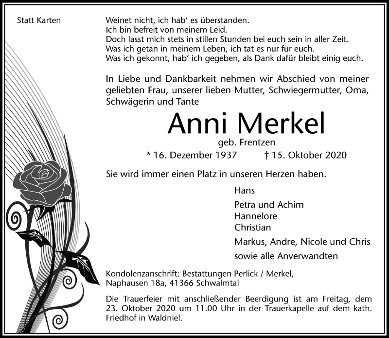  Traueranzeige für Anni Merkel vom 18.10.2020 aus trauer.extra-tipp-moenchengladbach.de