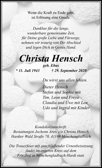 Traueranzeige von Christa Hensch von trauer.extra-tipp-moenchengladbach.de