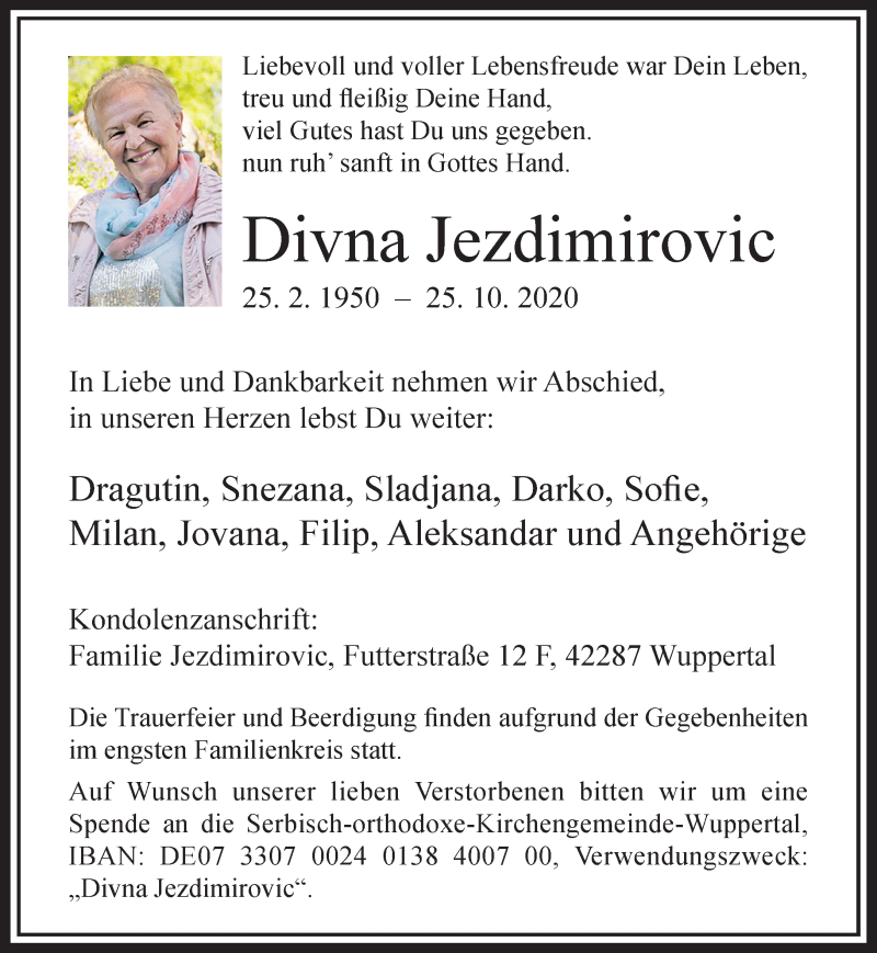  Traueranzeige für Divna Jezdimirovic vom 31.10.2020 aus trauer.wuppertaler-rundschau.de