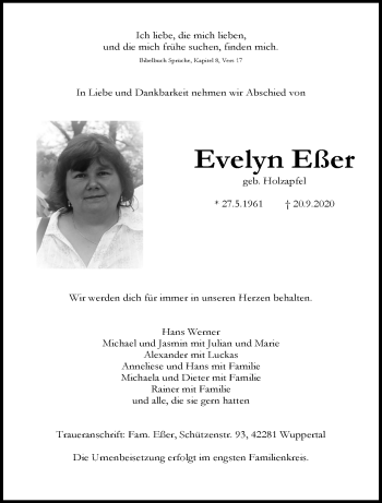 Traueranzeige von Evelyn Eßer von trauer.wuppertaler-rundschau.de