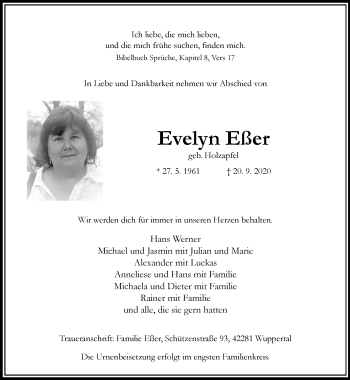 Traueranzeige von Evelyn Eßer von trauer.wuppertaler-rundschau.de