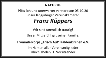 Traueranzeige von Franz Küppers von trauer.extra-tipp-moenchengladbach.de