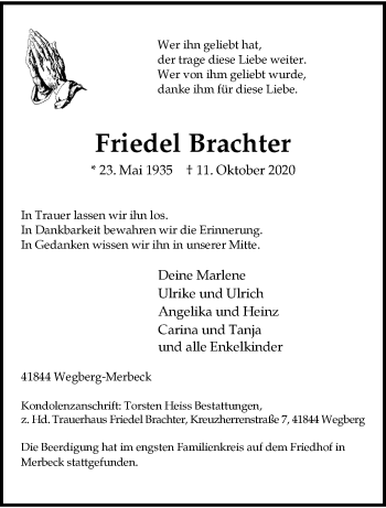 Traueranzeige von Friedel Brachter von trauer.extra-tipp-moenchengladbach.de