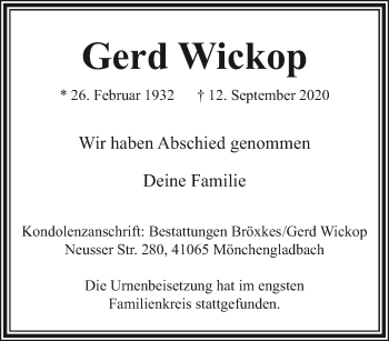 Traueranzeige von Gerd Wickop von trauer.extra-tipp-moenchengladbach.de