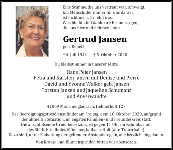 Traueranzeige von Gertrud Jansen von trauer.extra-tipp-moenchengladbach.de