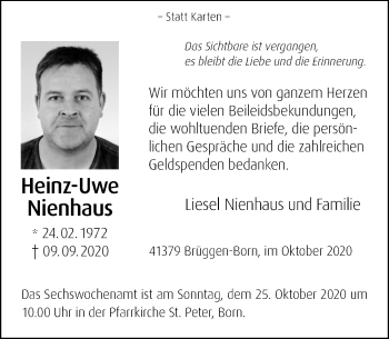 Traueranzeige von Heinz-Uwe Nienhaus von trauer.extra-tipp-moenchengladbach.de