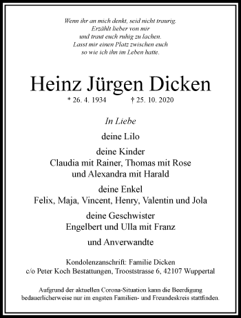 Traueranzeige von Heinz Jürgen Dicken von trauer.wuppertaler-rundschau.de