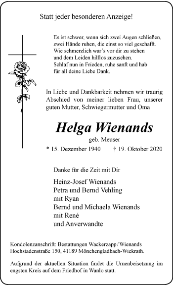 Traueranzeige von Helga Wienands von trauer.extra-tipp-moenchengladbach.de