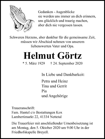 Traueranzeige von Helmut Görtz von trauer.extra-tipp-moenchengladbach.de