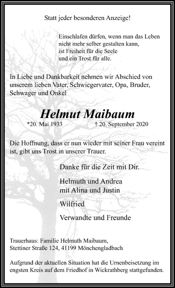 Traueranzeige von Helmut Maibaum von trauer.extra-tipp-moenchengladbach.de