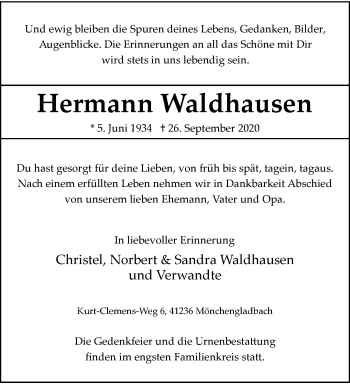 Traueranzeige von Hermann Waldhausen von trauer.extra-tipp-moenchengladbach.de