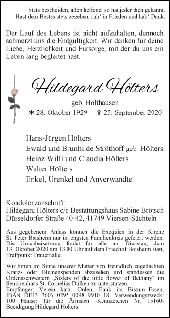 Traueranzeige von Hildegard Hölters von trauer.extra-tipp-moenchengladbach.de