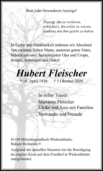 Traueranzeige von Hubert Fleischer von trauer.extra-tipp-moenchengladbach.de