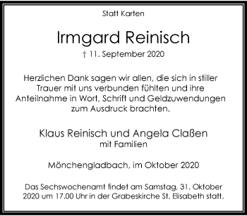 Traueranzeige von Irmgard Reinisch von trauer.extra-tipp-moenchengladbach.de